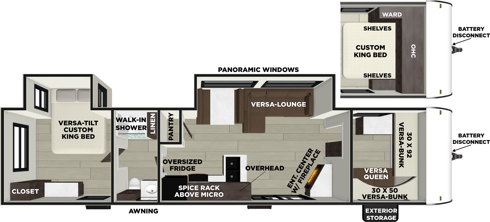 The Wildwood 36VBDS floorplan has two entries and two slide outs. Exterior features include: metal or fiberglass exterior and 18' awning. Interiors features include: bunk beds, front bedroom, rear bedroom and two bedrooms.
